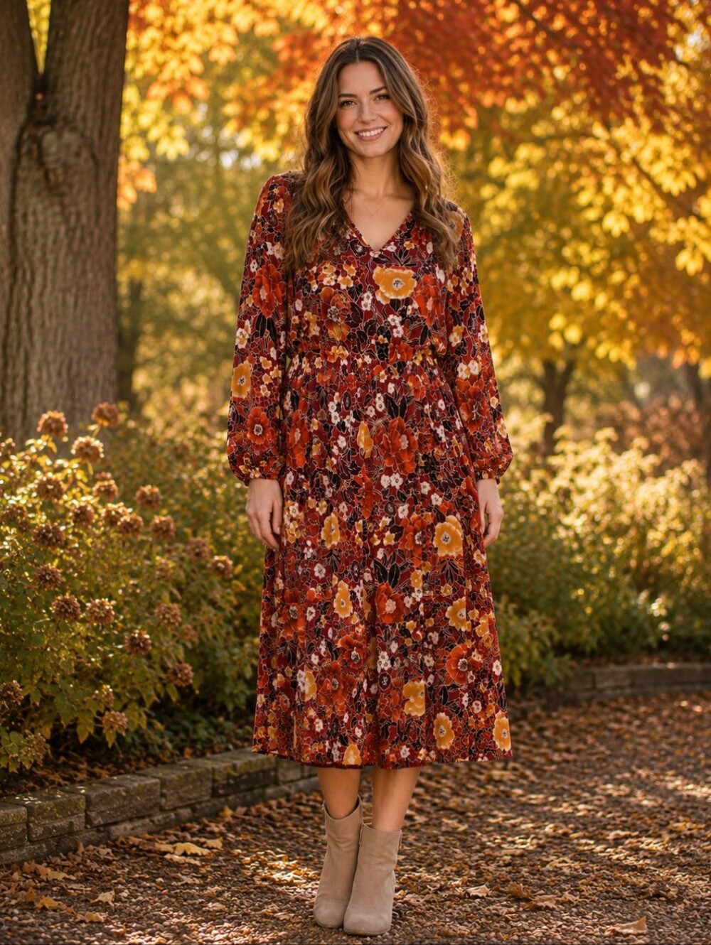 Westbound Red and Yellow Floral V-Neck Maxi Dress